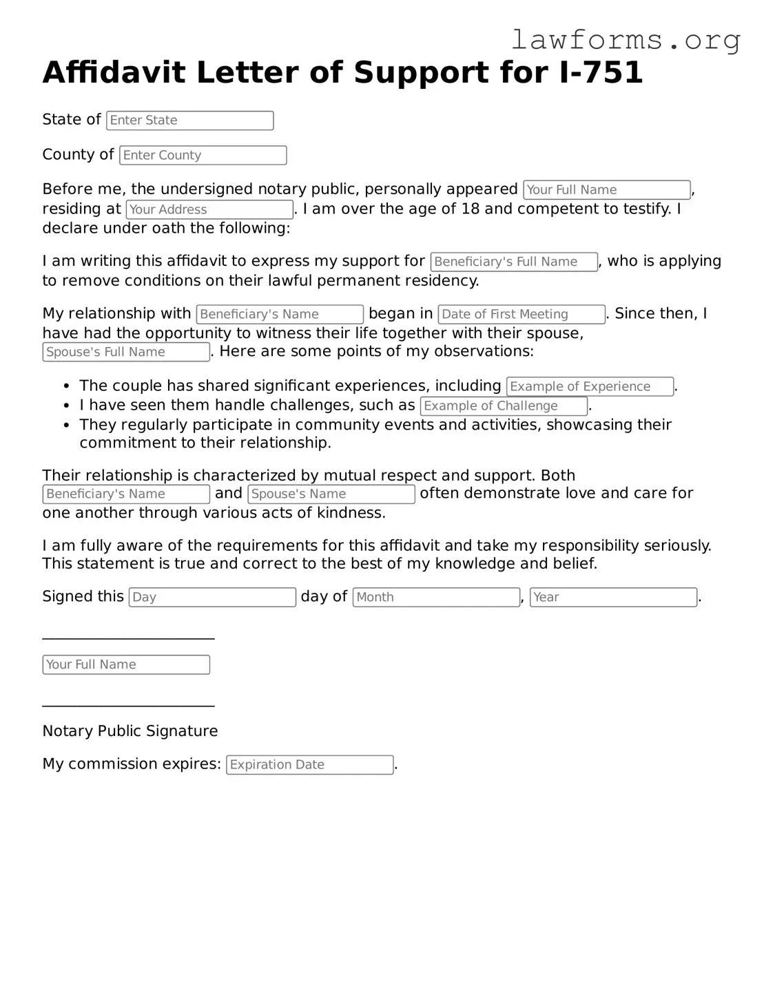 Valid Affidavit Letter of Support for I-751 Form