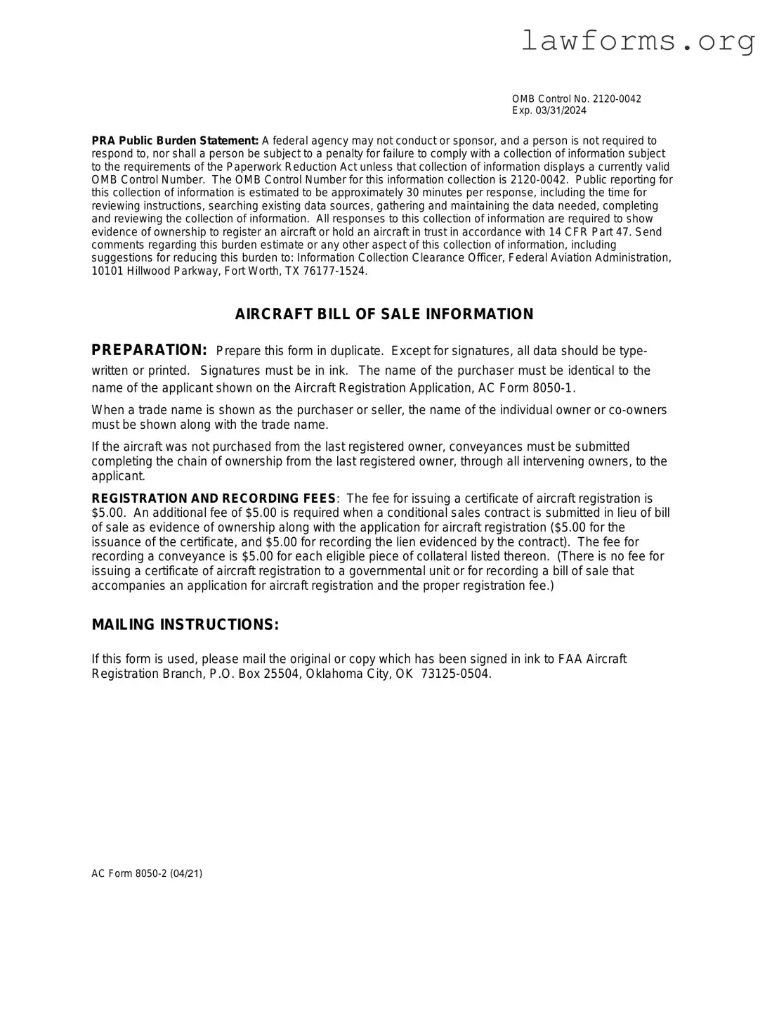 Fill Out a Valid Aircraft Bill of Sale AC 8050-2 Template
