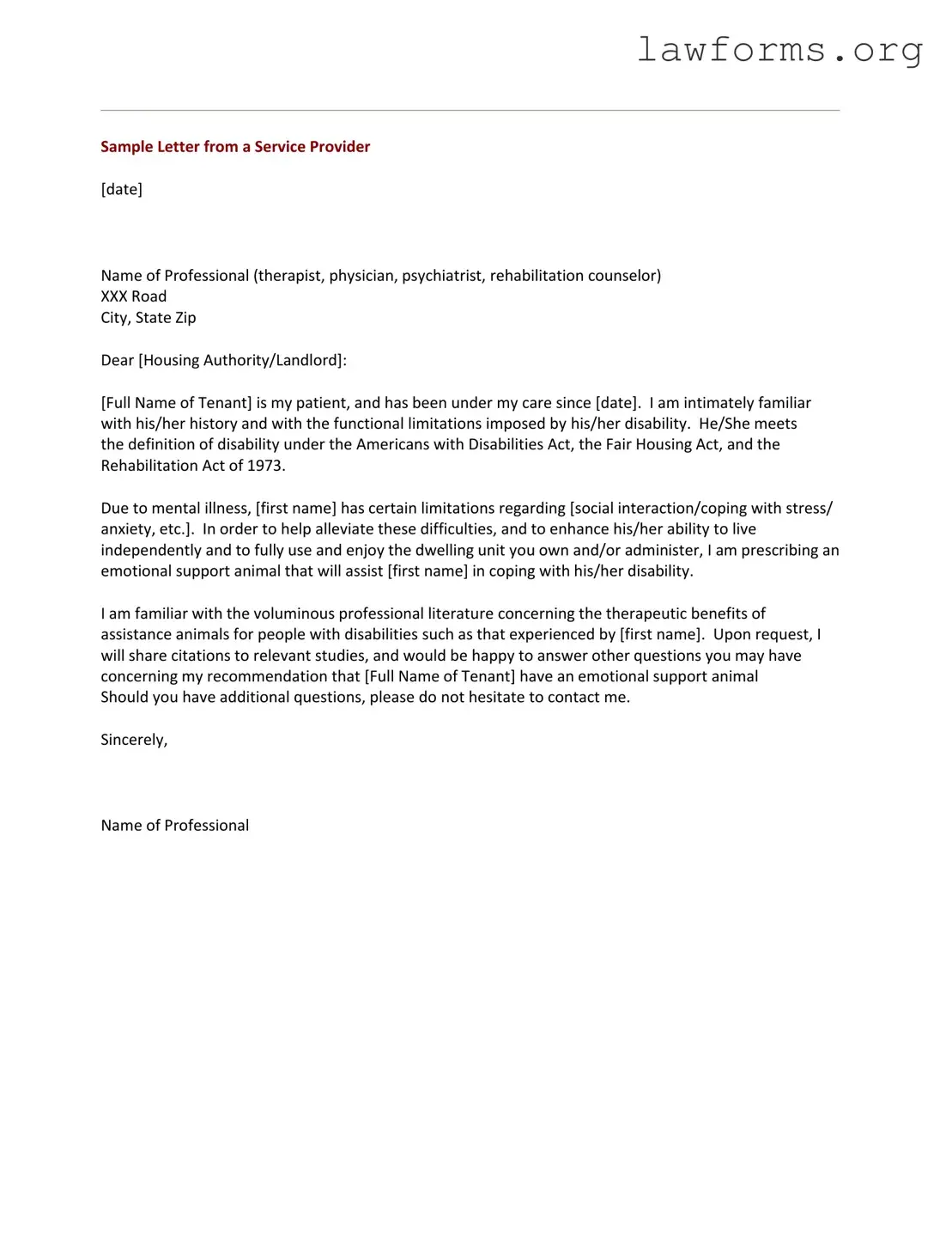 Fill Out a Valid Emotional Support Animal Letter Template