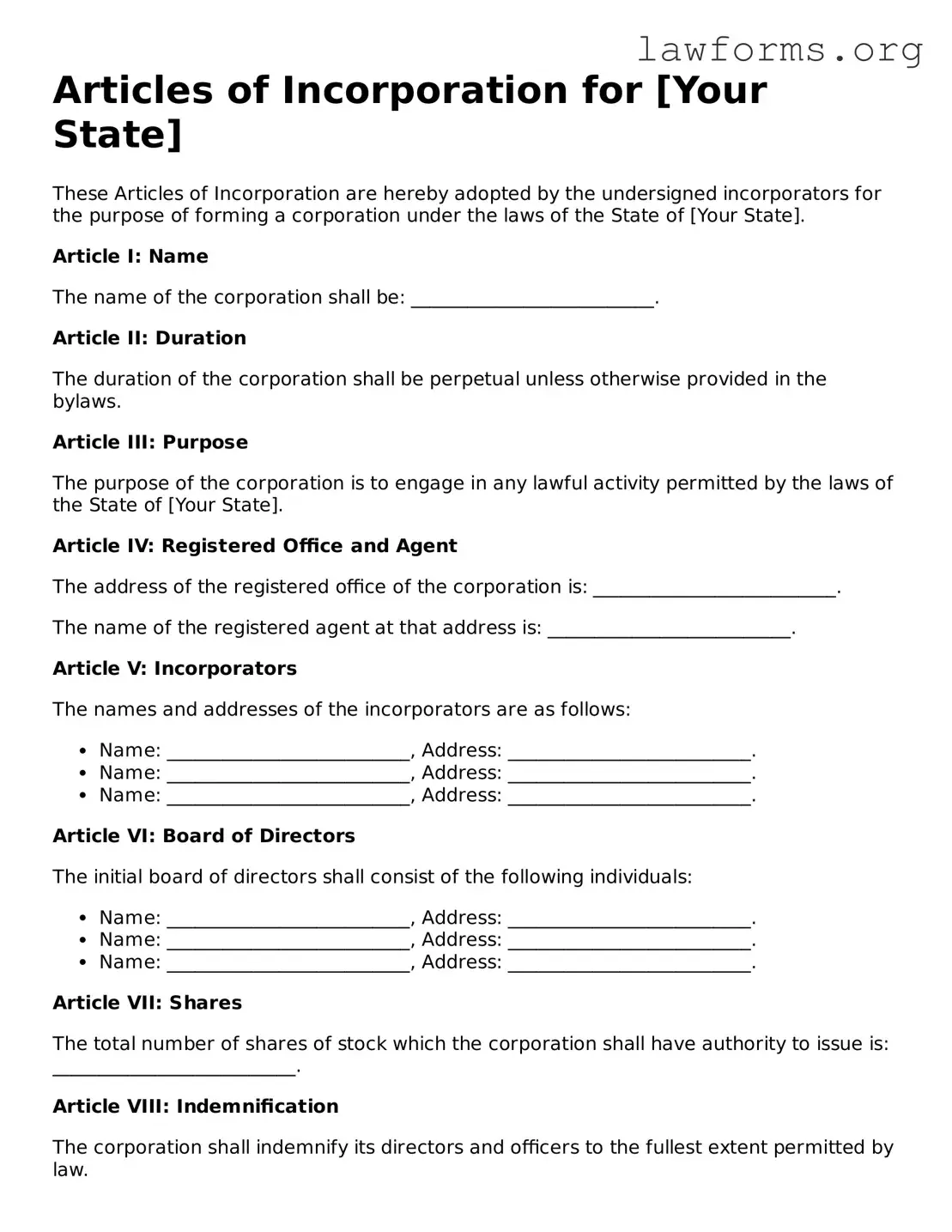 Valid Articles of Incorporation Form