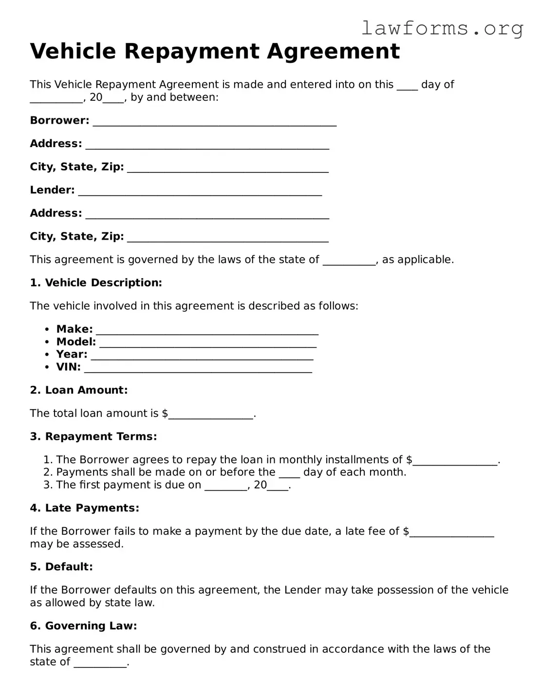 Valid Vehicle Repayment Agreement Form