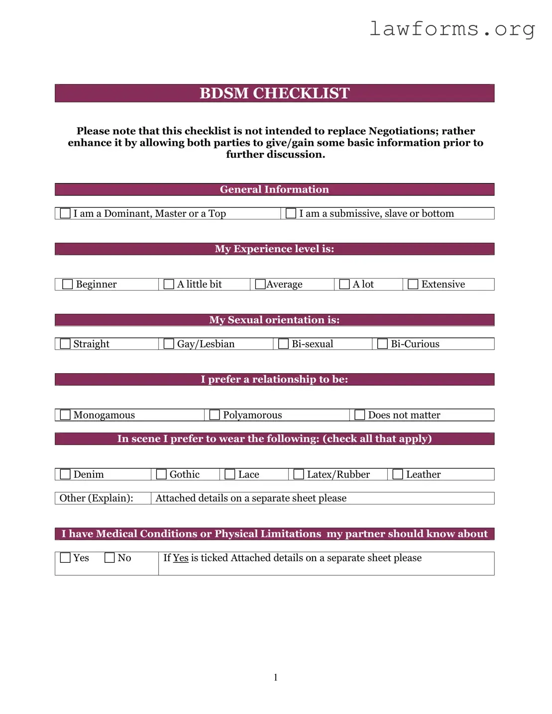 Fill Out a Valid Bdsm Checklist Template