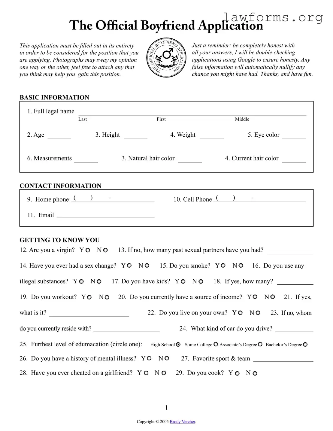 Fill Out a Valid Boyfriend application form Template