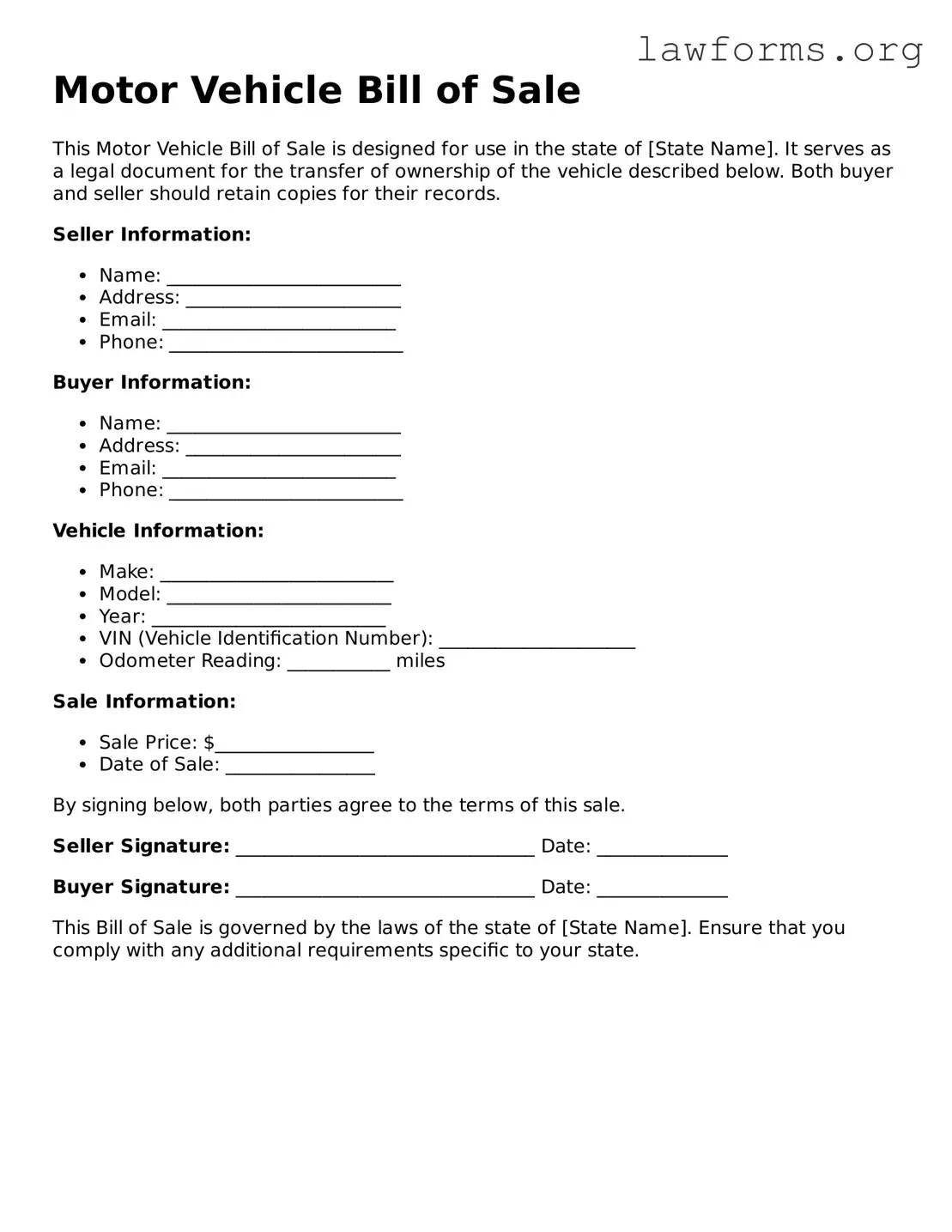 Valid Motor Vehicle Bill of Sale Form