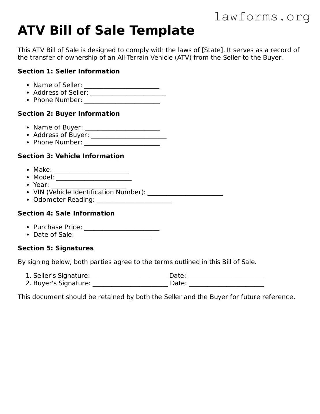 Valid ATV Bill of Sale Form