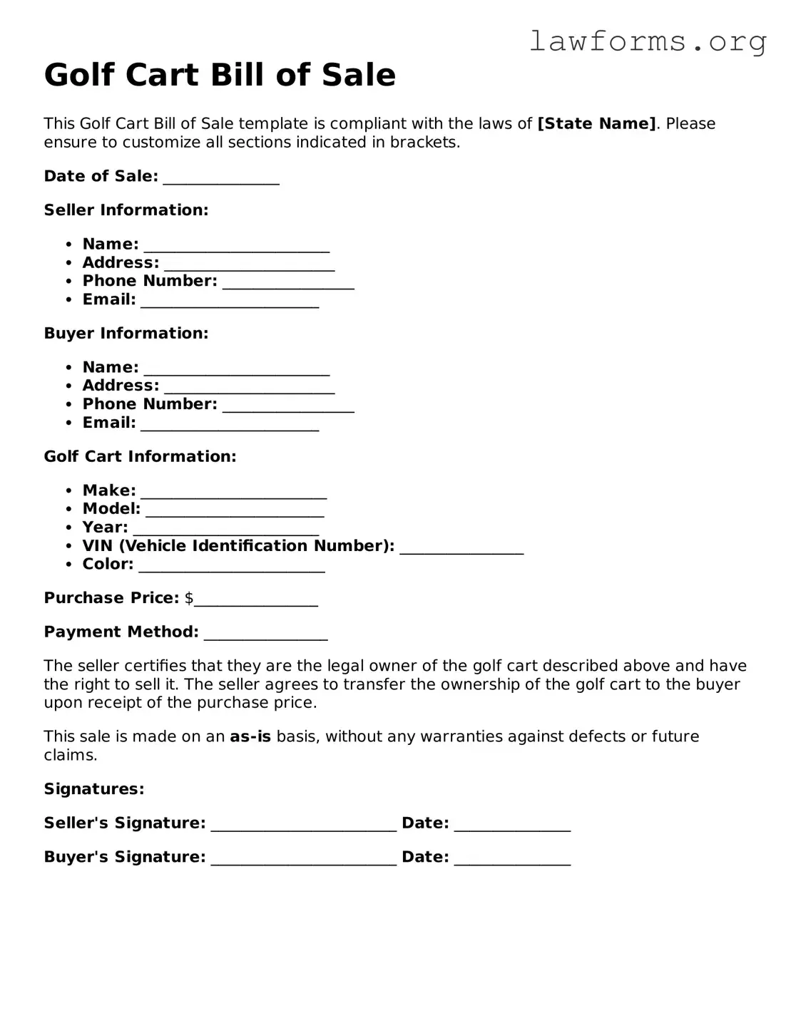 Valid Golf Cart Bill of Sale Form