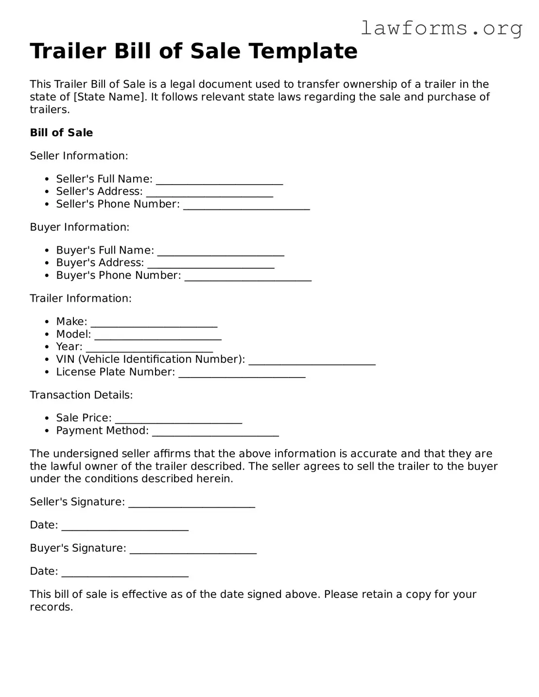 Valid Trailer Bill of Sale Form