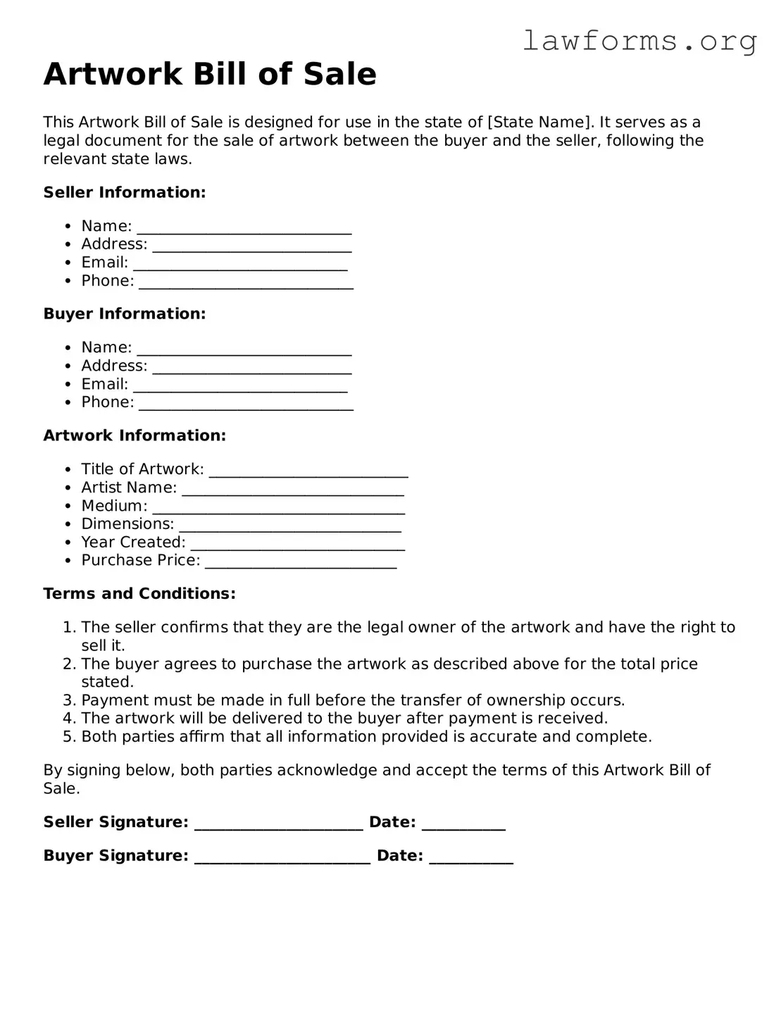 Valid Artwork Bill of Sale Form