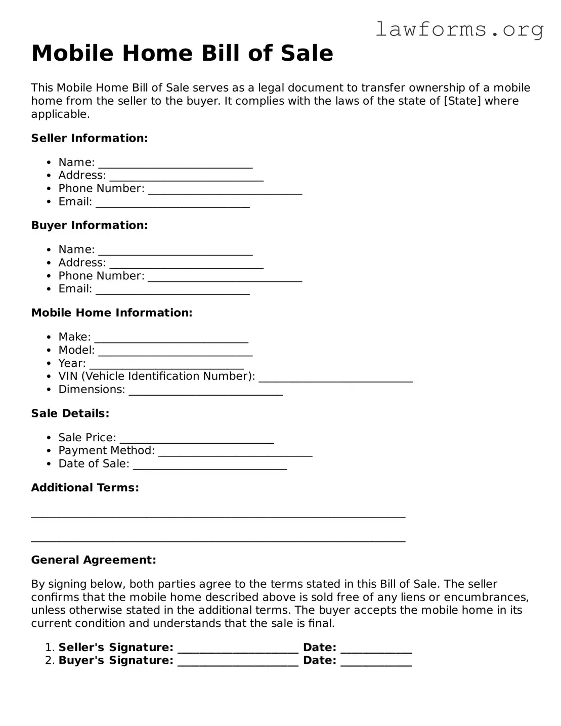 Valid Mobile Home Bill of Sale Form