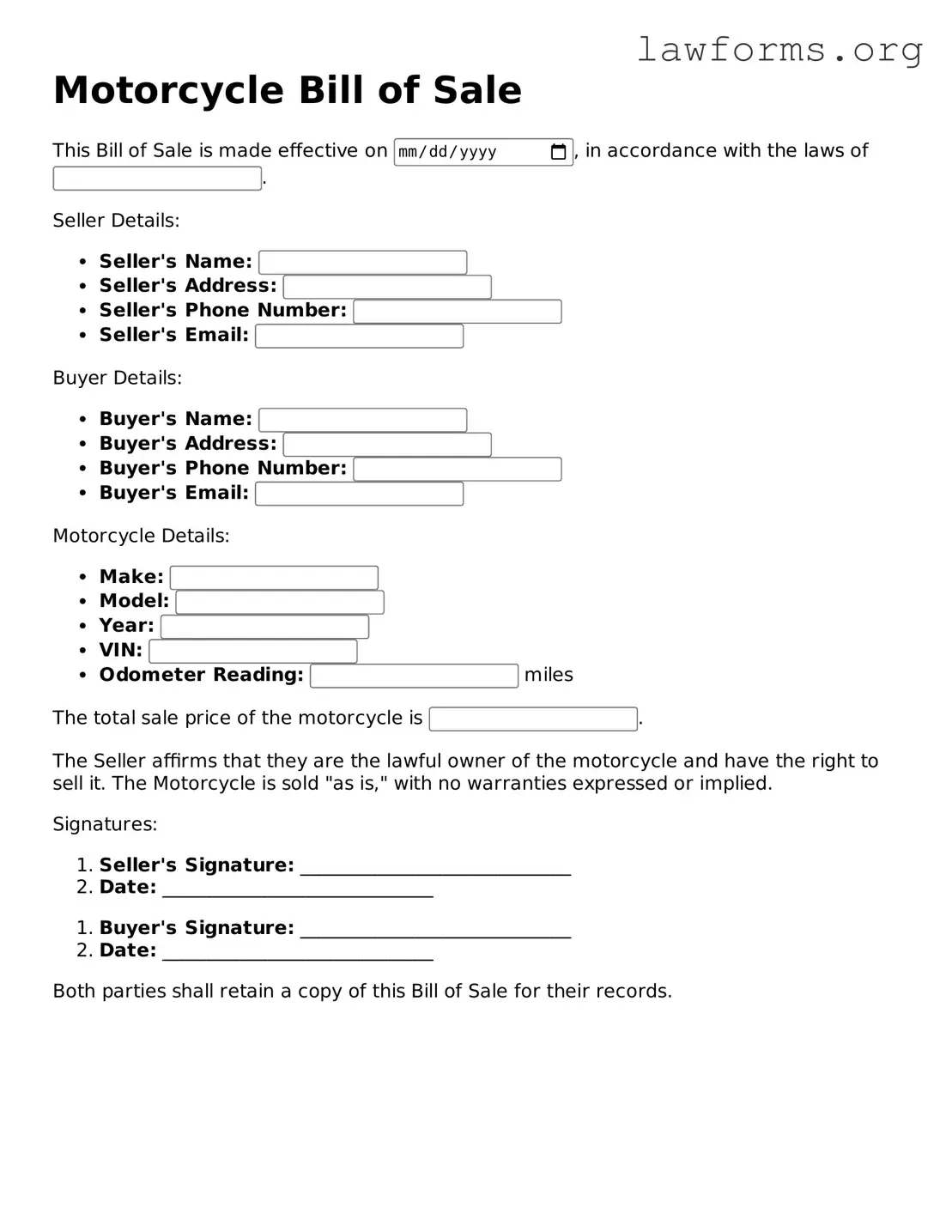 Valid Motorcycle Bill of Sale Form