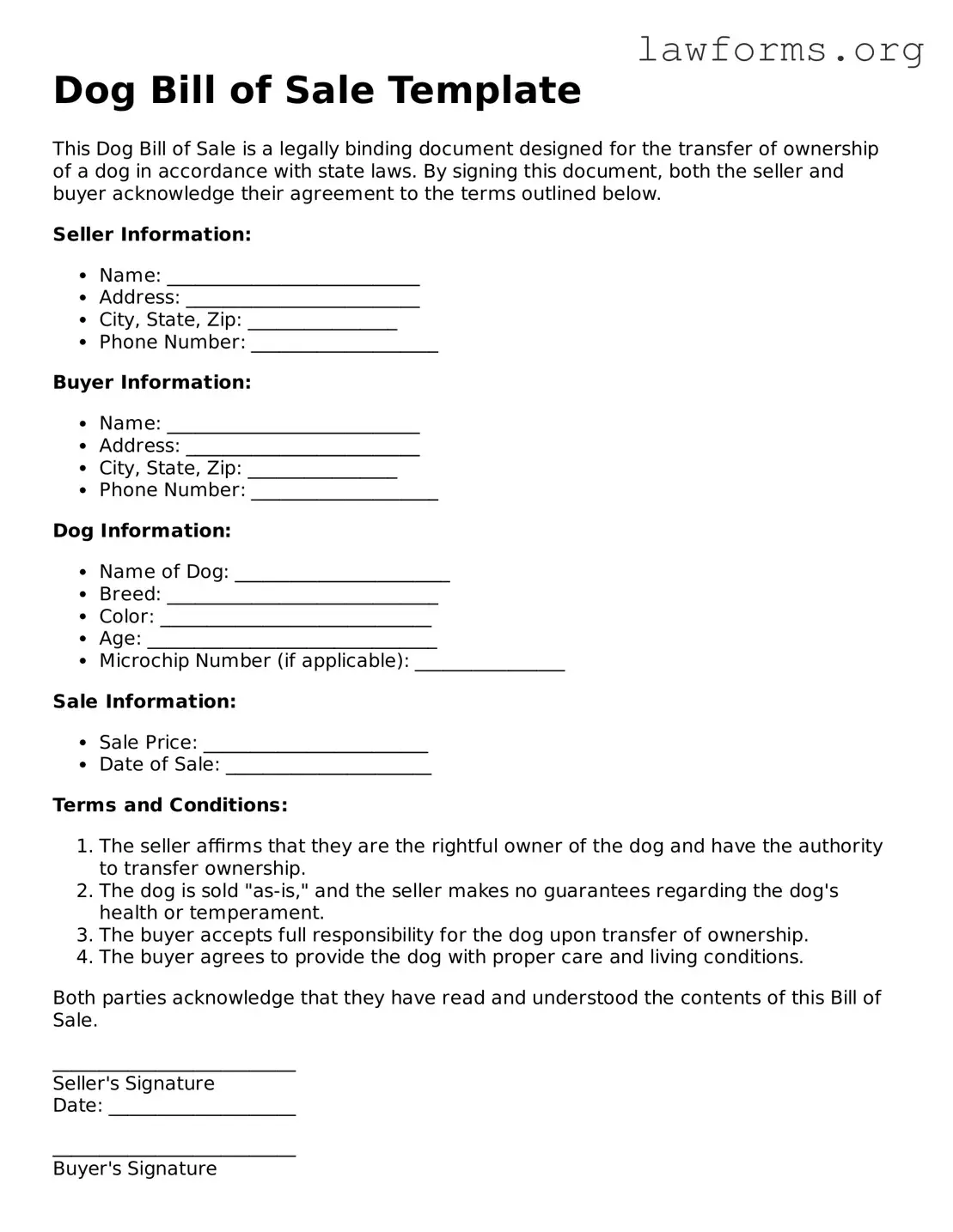 Valid Dog Bill of Sale Form