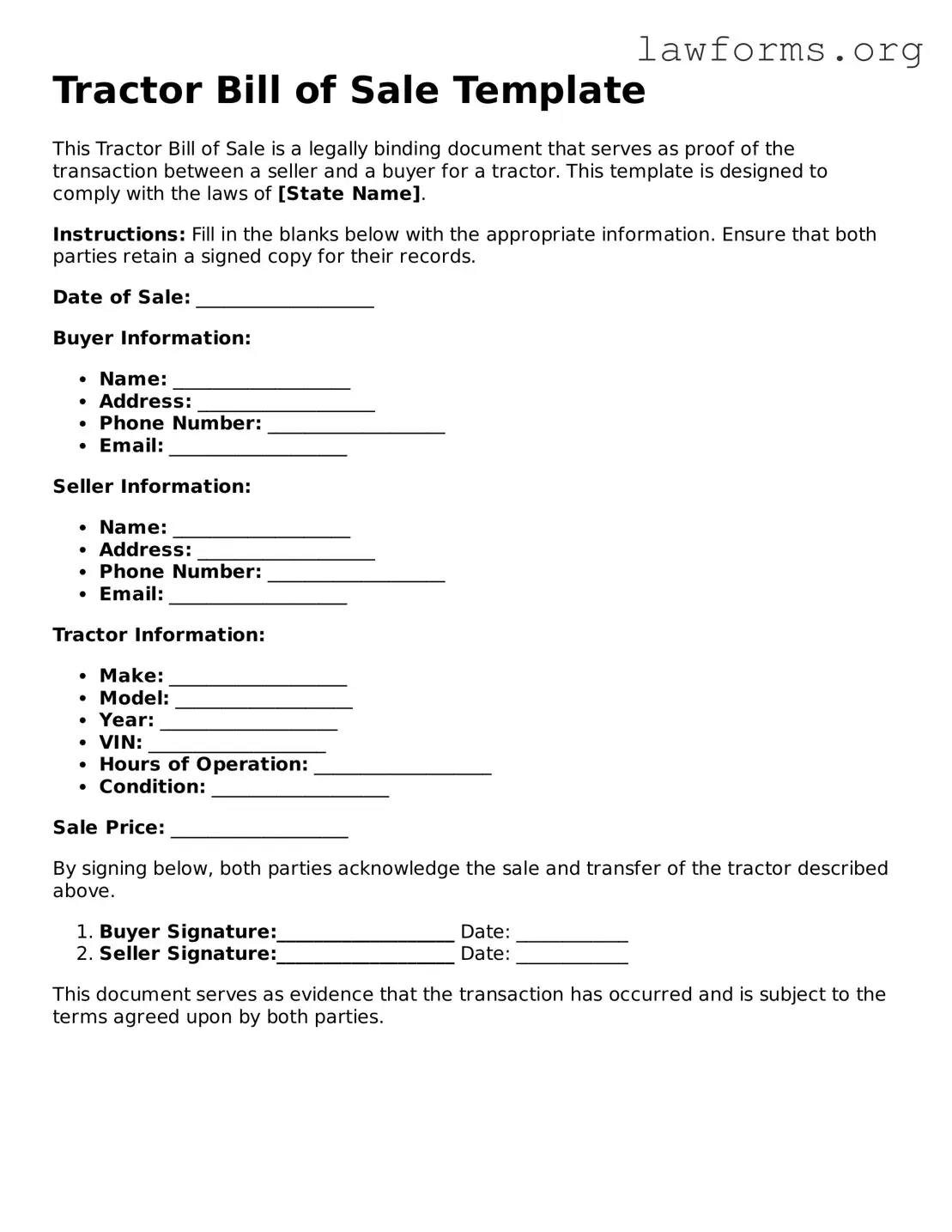 Valid Tractor Bill of Sale Form