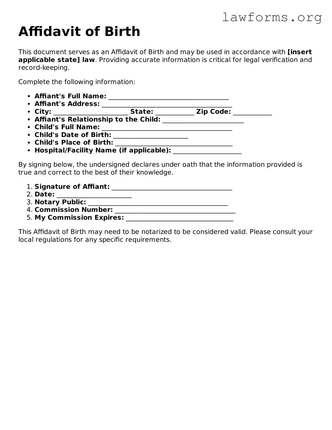 Valid Affidavit of Birth Form