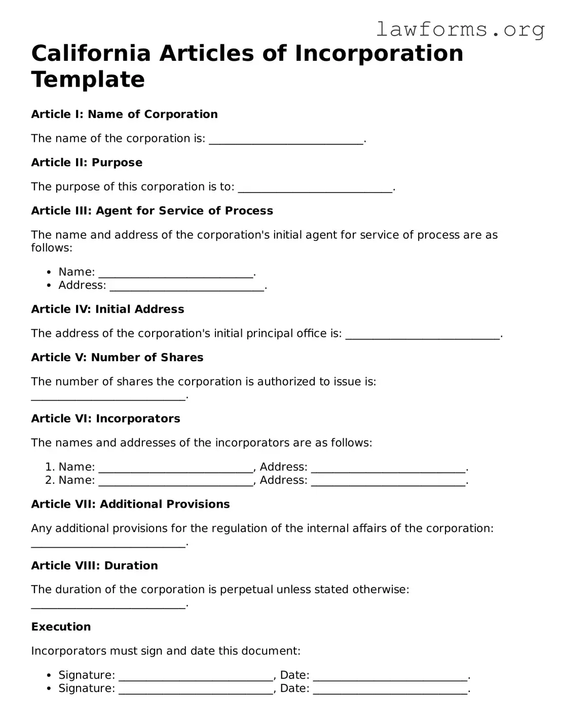 Attorney-Approved Articles of Incorporation Template for the State of California