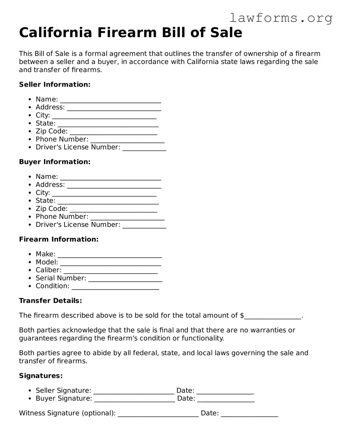 Attorney-Approved Firearm Bill of Sale Template for the State of California