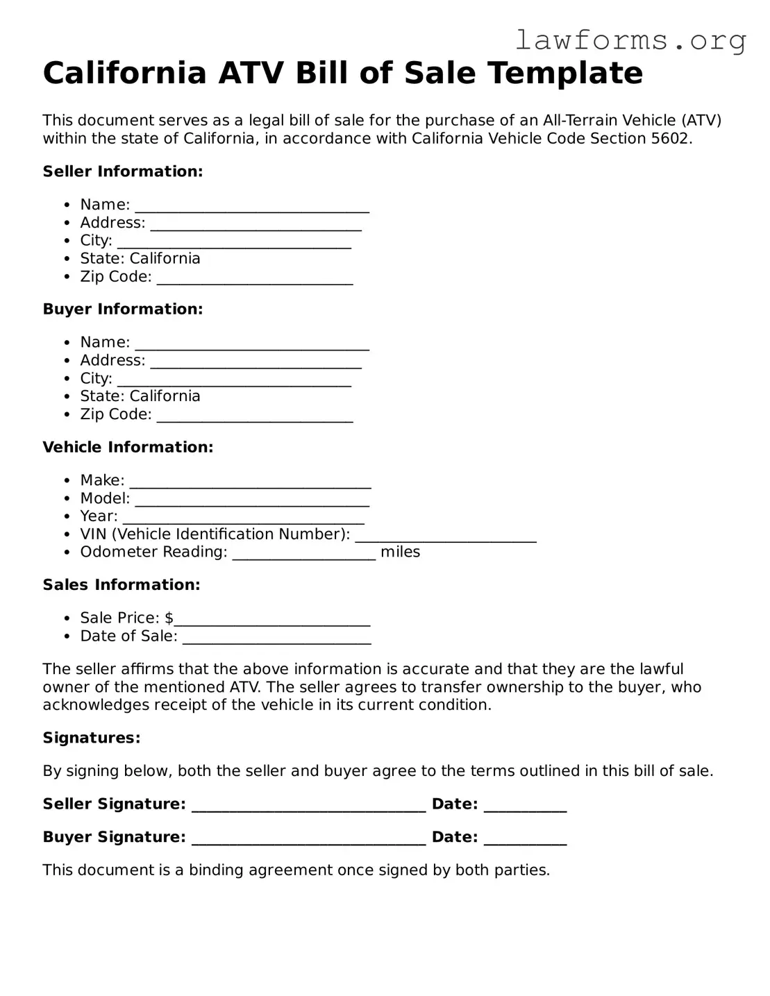Attorney-Approved ATV Bill of Sale Template for the State of California