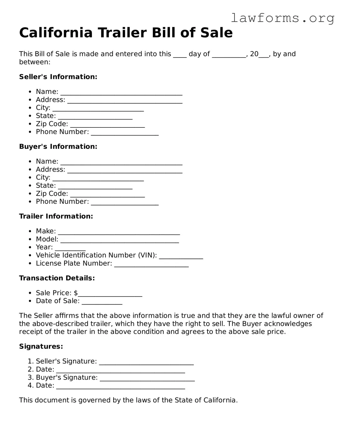 Attorney-Approved Trailer Bill of Sale Template for the State of California