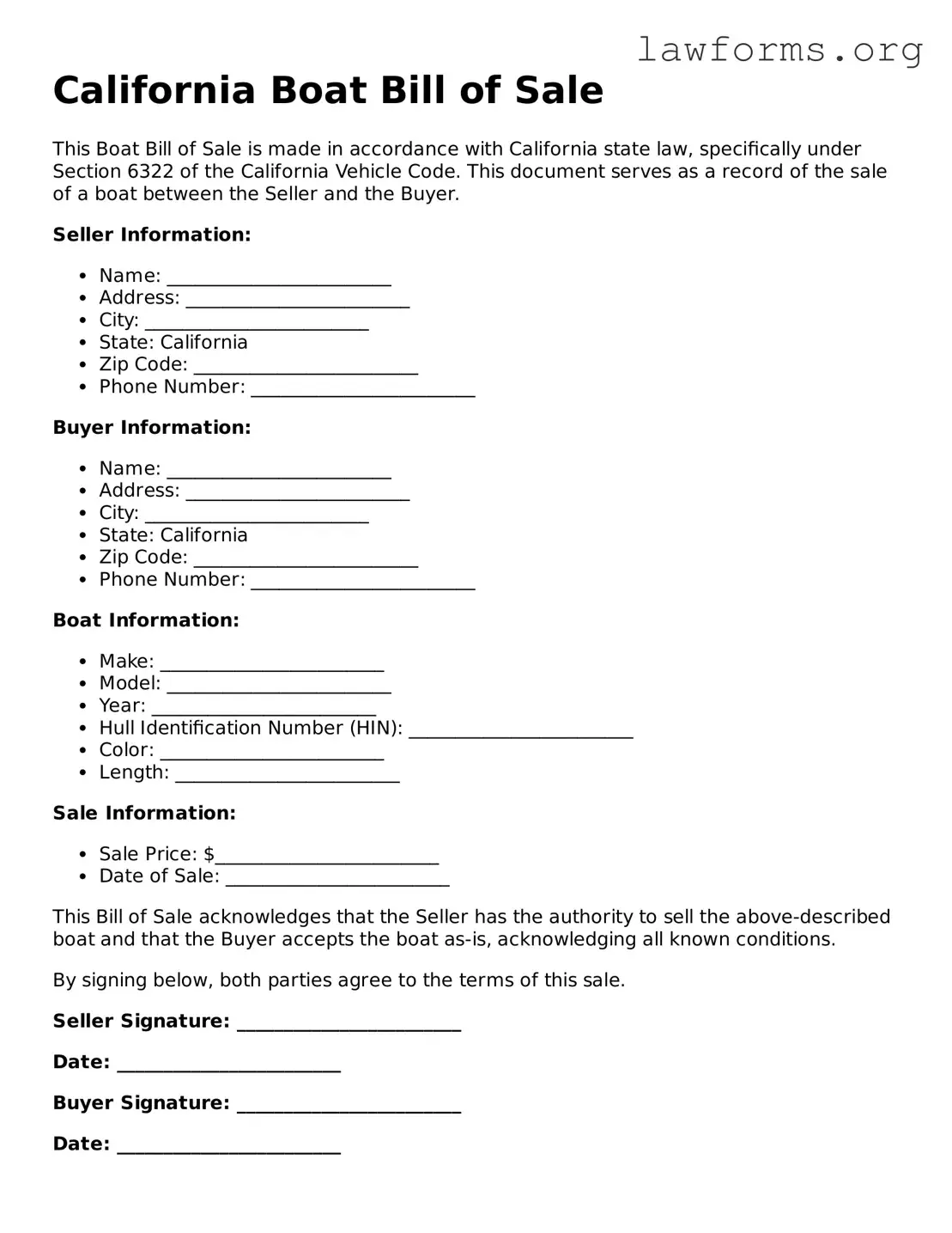 Attorney-Approved Boat Bill of Sale Template for the State of California