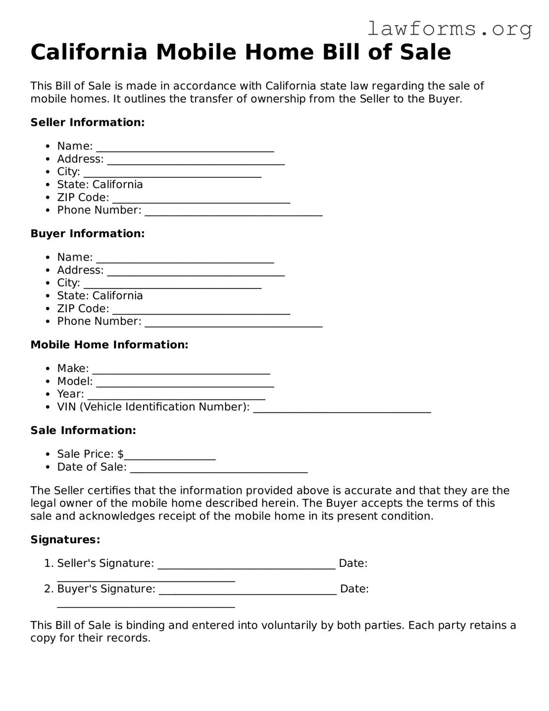 Attorney-Approved Mobile Home Bill of Sale Template for the State of California