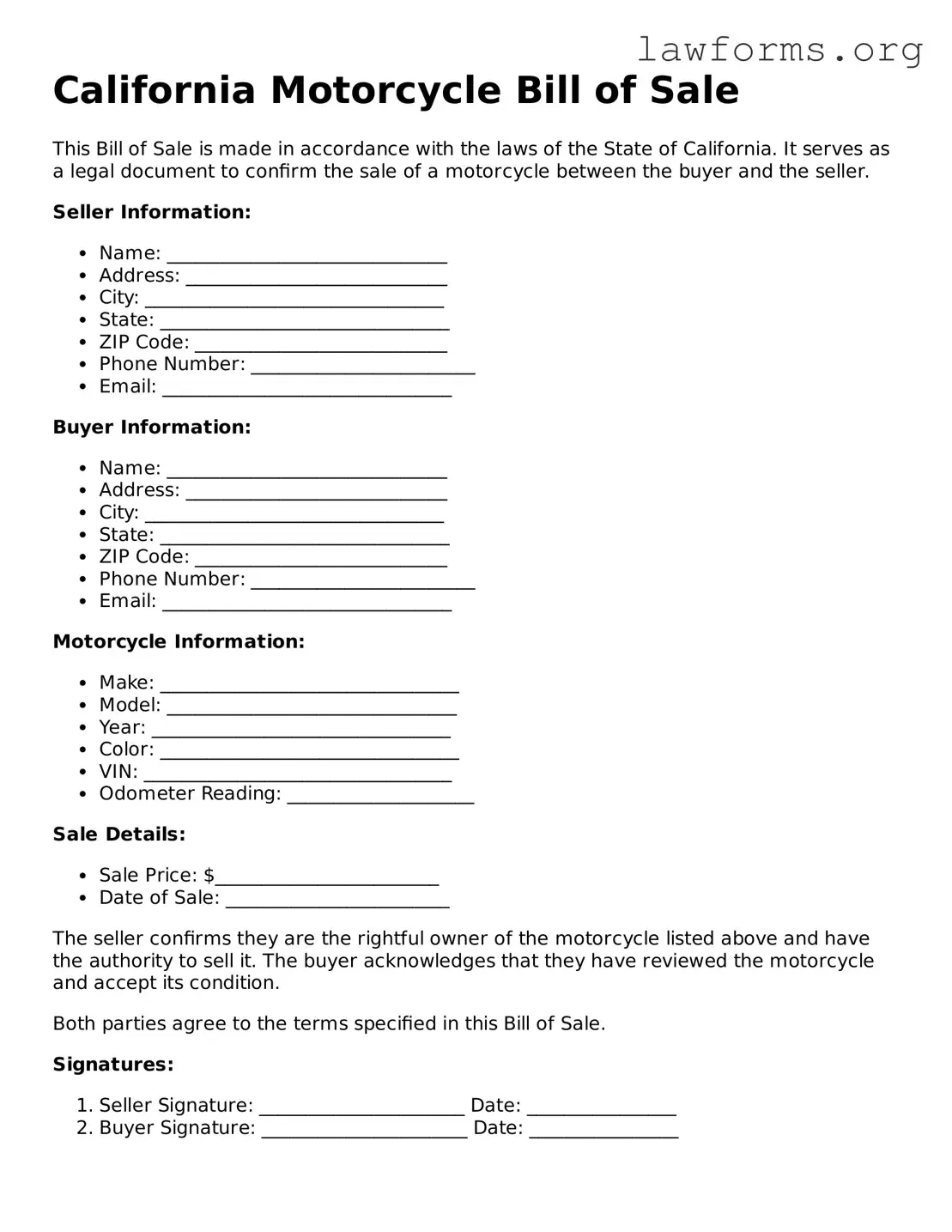 Attorney-Approved Motorcycle Bill of Sale Template for the State of California