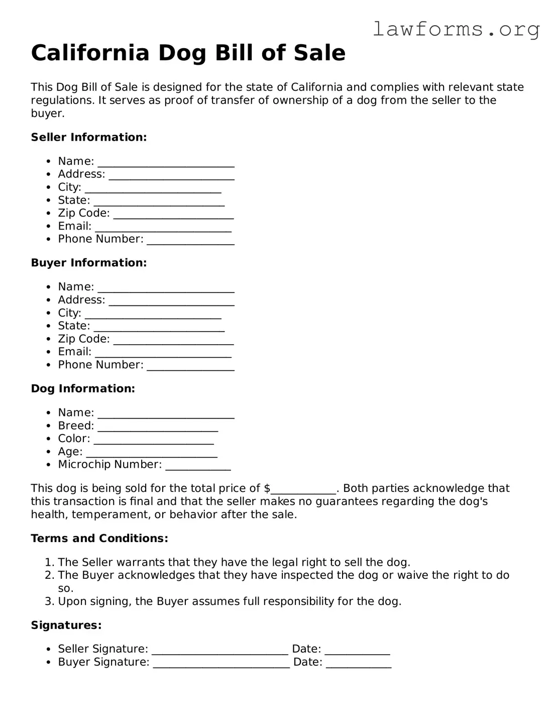 Attorney-Approved Dog Bill of Sale Template for the State of California