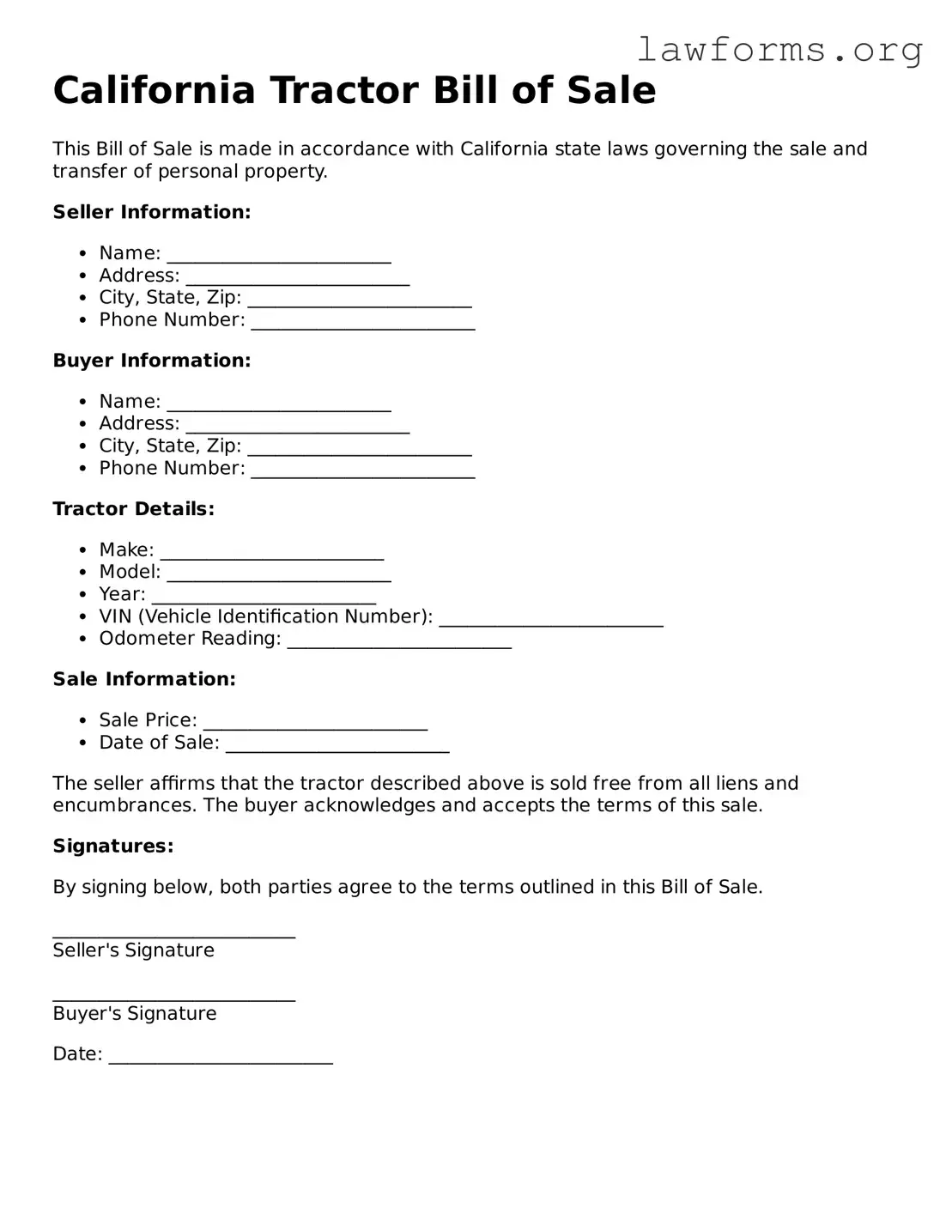 Attorney-Approved Tractor Bill of Sale Template for the State of California