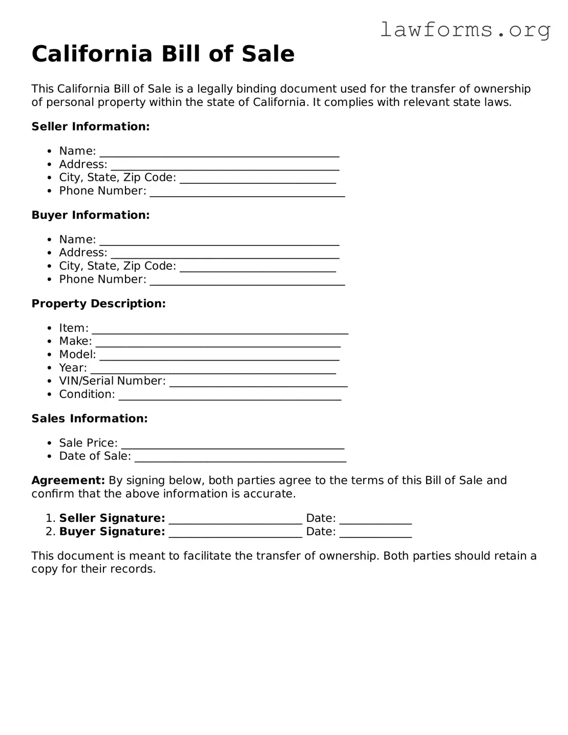 Attorney-Approved Bill of Sale Template for the State of California