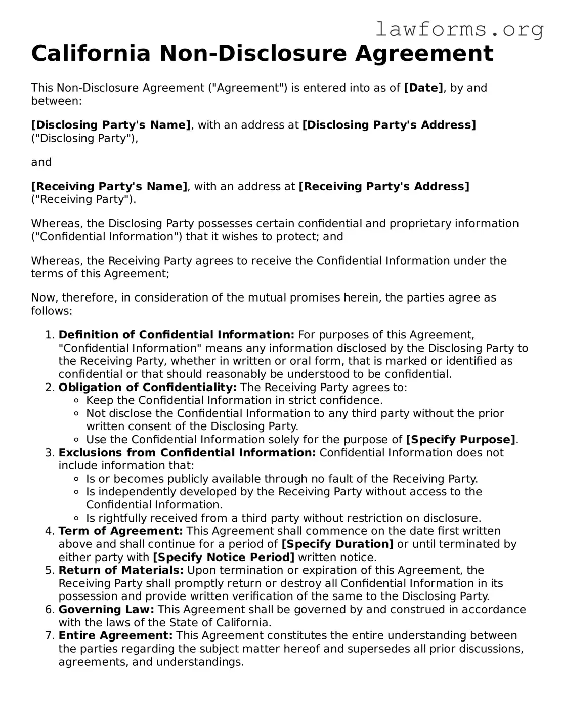 Attorney-Approved Non-disclosure Agreement Template for the State of California