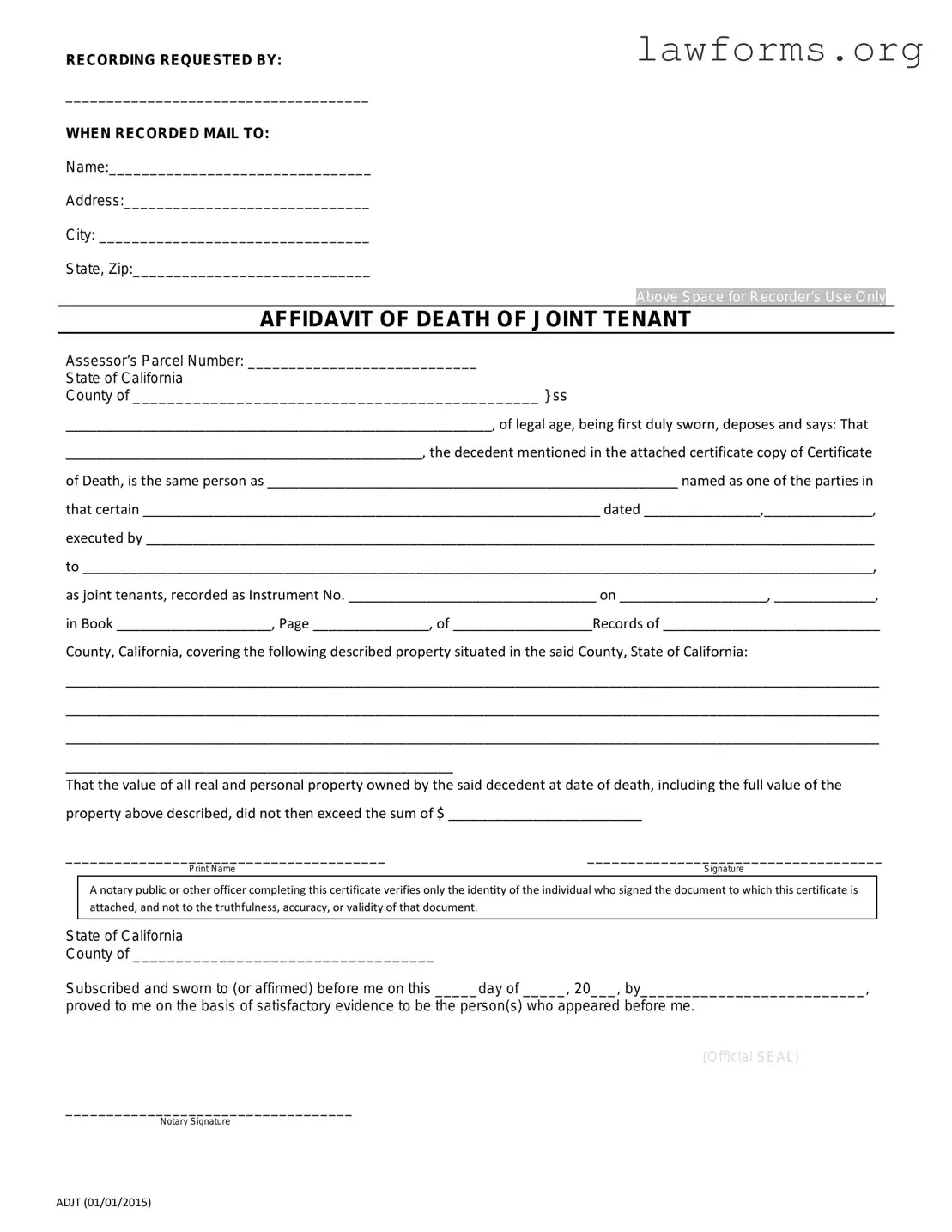 Fill Out a Valid California Death of a Joint Tenant Affidavit Template