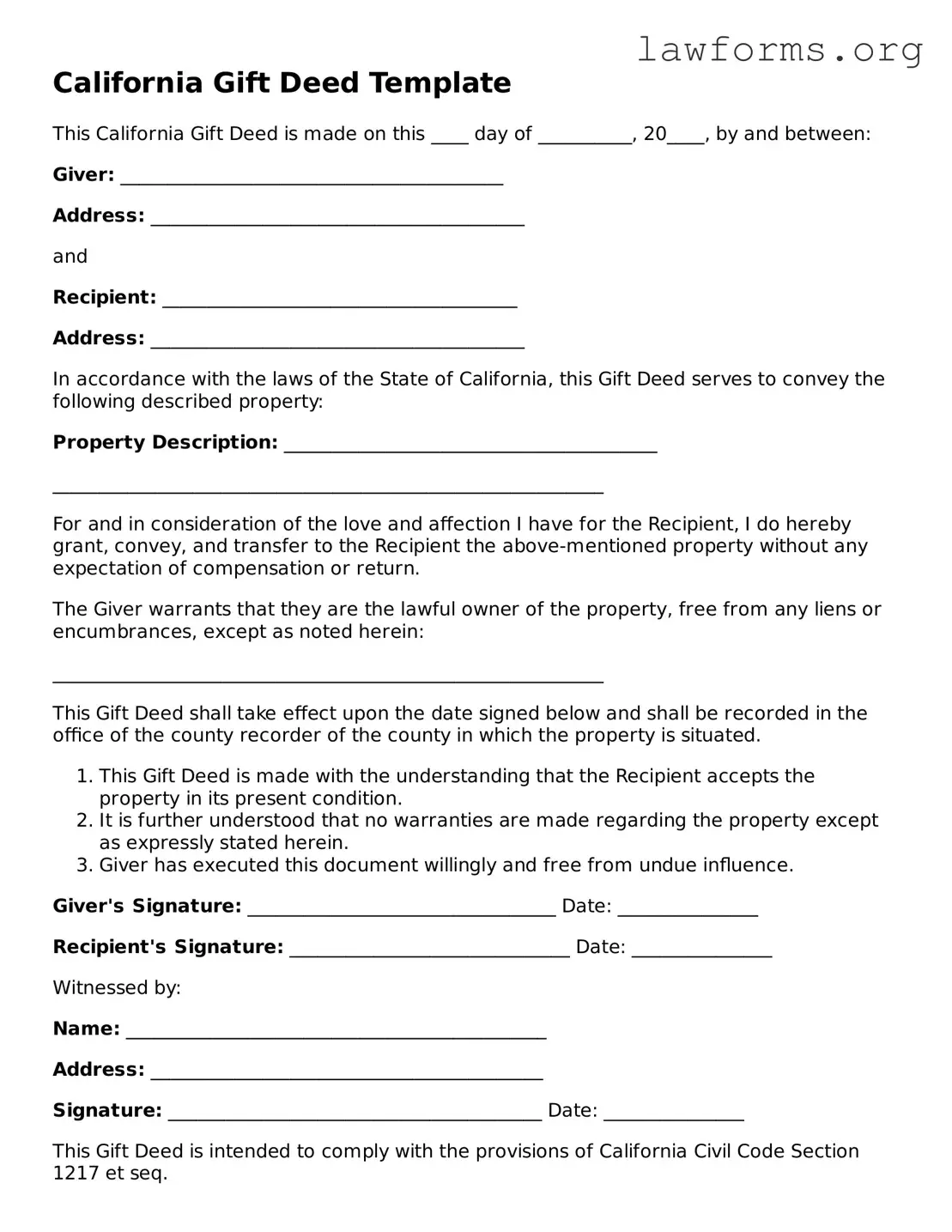 Attorney-Approved Gift Deed Template for the State of California
