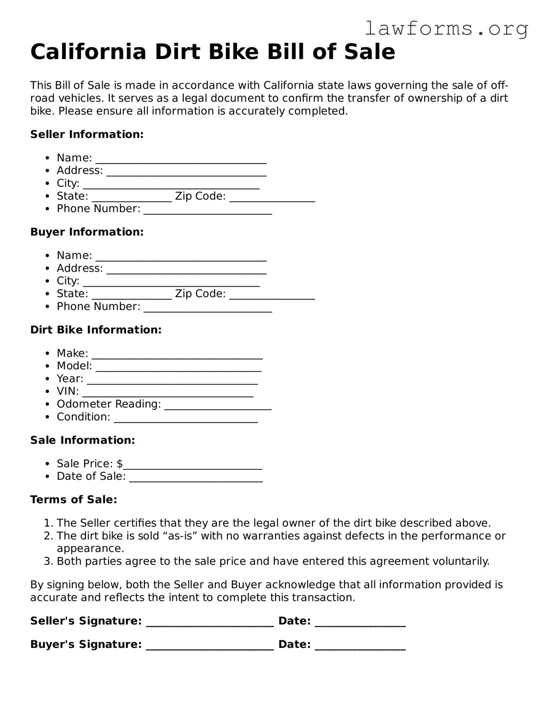 Attorney-Approved Dirt Bike Bill of Sale Template for the State of California