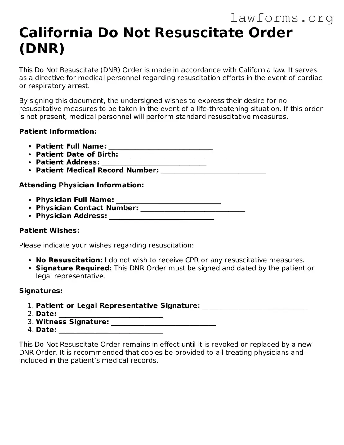 Attorney-Approved Do Not Resuscitate Order Template for the State of California