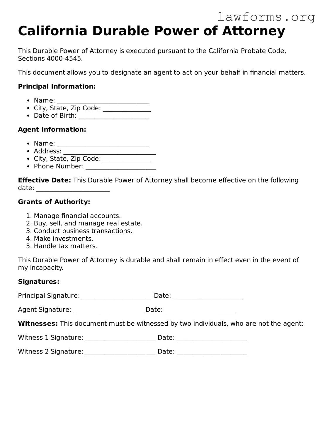 Attorney-Approved Durable Power of Attorney Template for the State of California