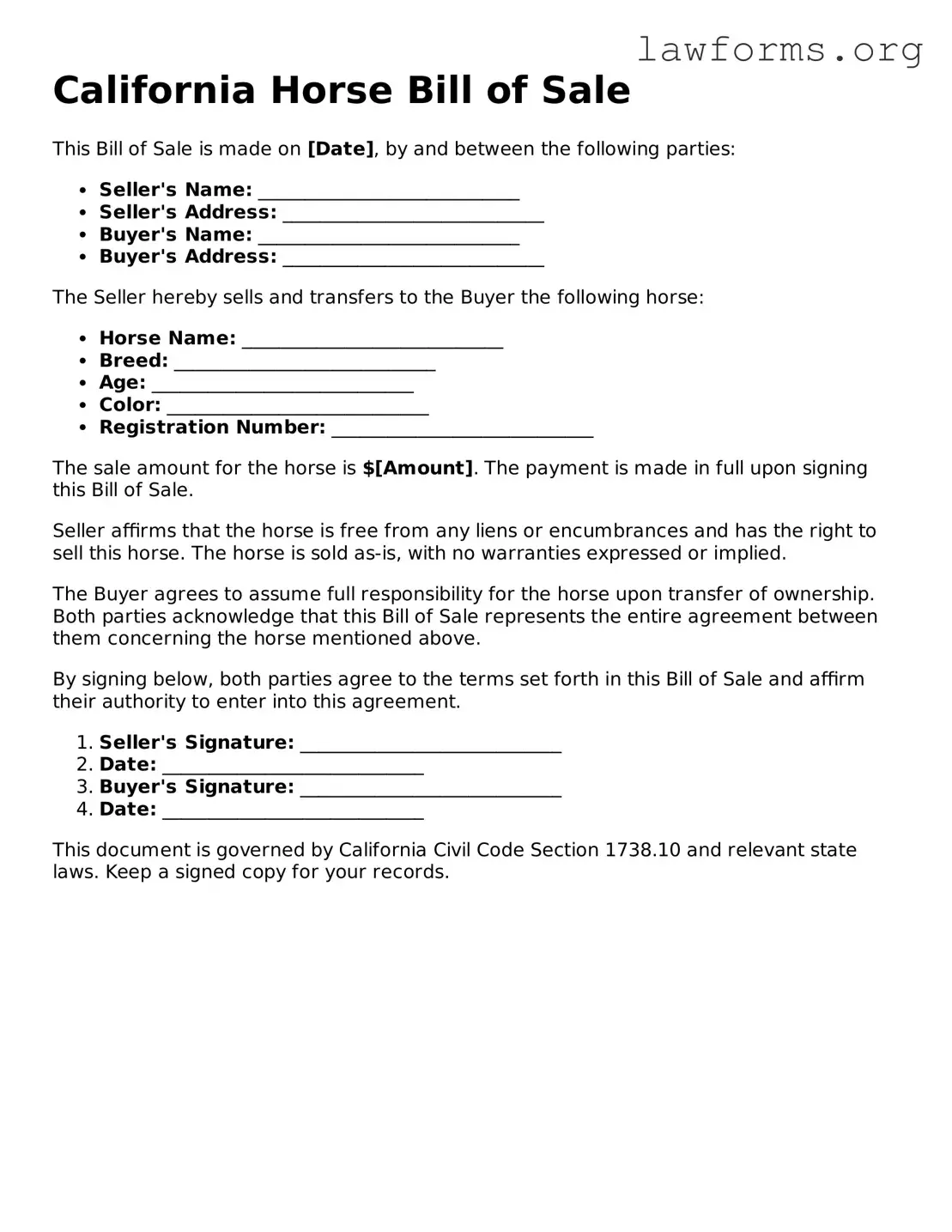 Attorney-Approved Horse Bill of Sale Template for the State of California