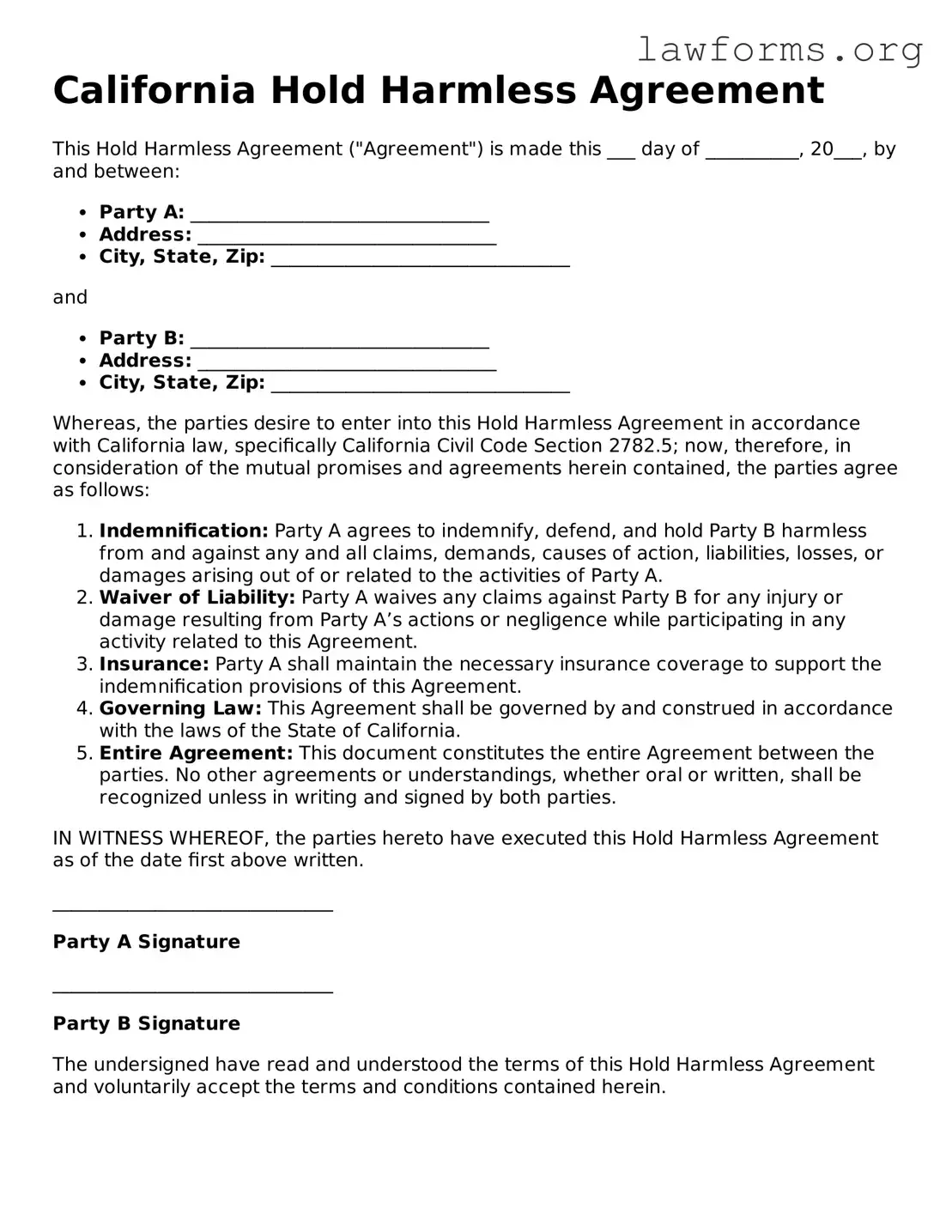 Attorney-Approved Hold Harmless Agreement Template for the State of California