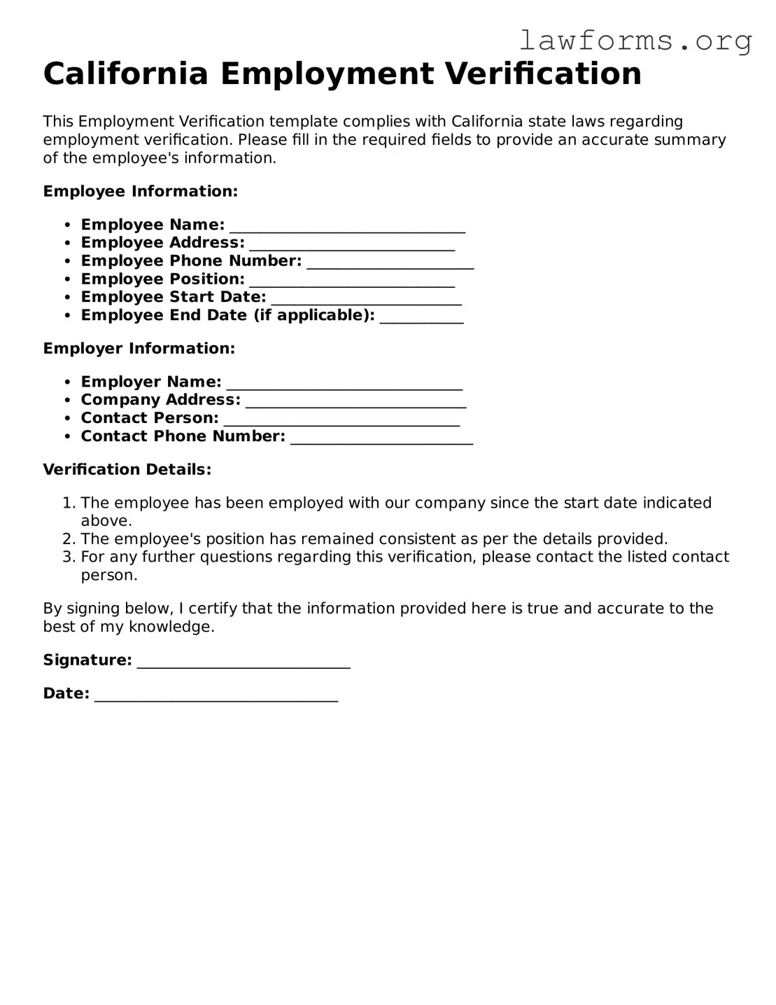 Attorney-Approved Employment Verification Template for the State of California