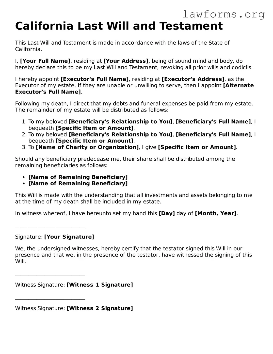 Attorney-Approved Last Will and Testament Template for the State of California
