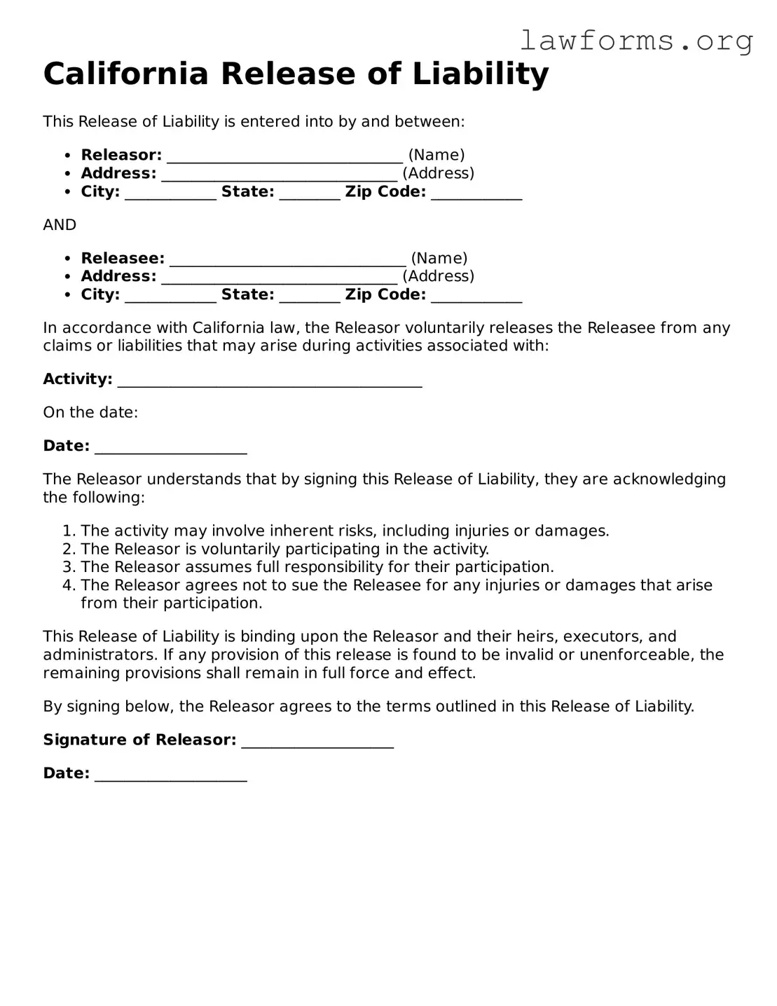 Attorney-Approved Release of Liability Template for the State of California