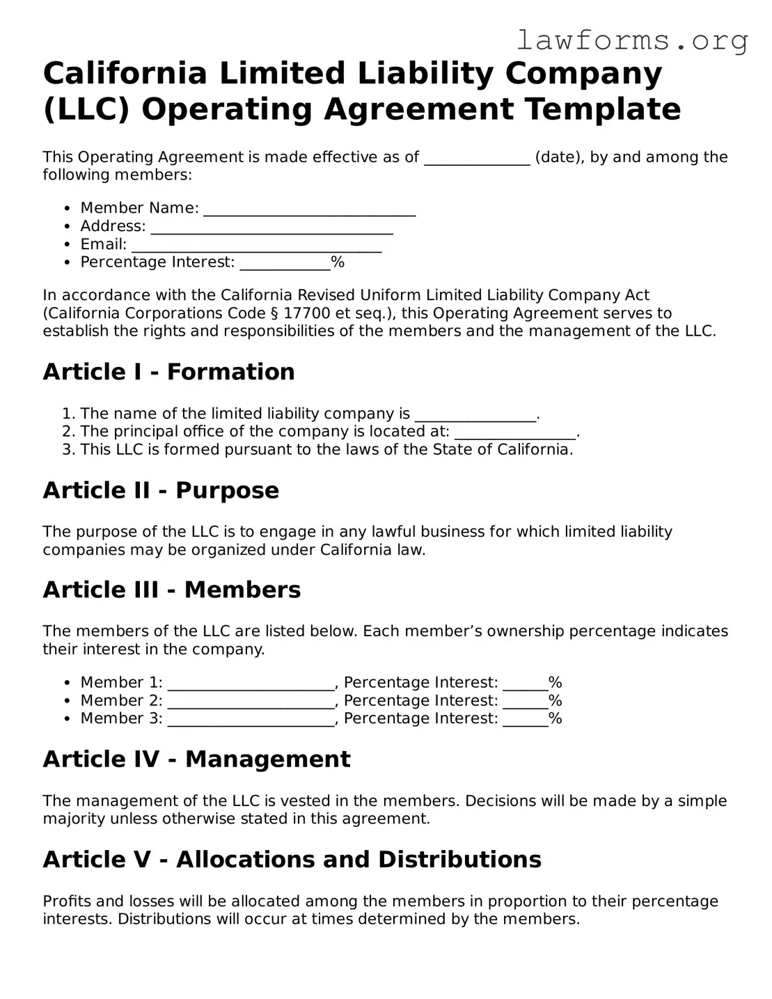 Attorney-Approved Operating Agreement Template for the State of California