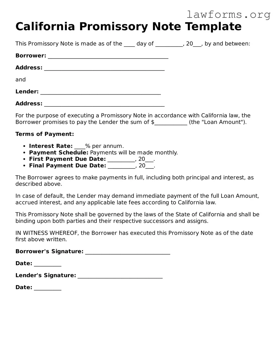 Attorney-Approved Promissory Note Template for the State of California