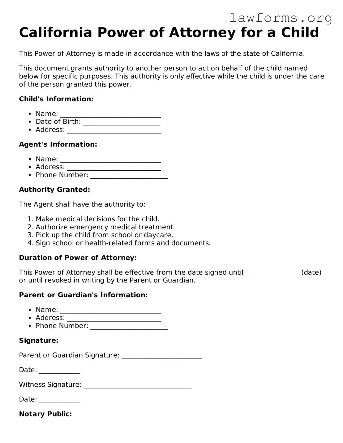 Attorney-Approved Power of Attorney for a Child Template for the State of California
