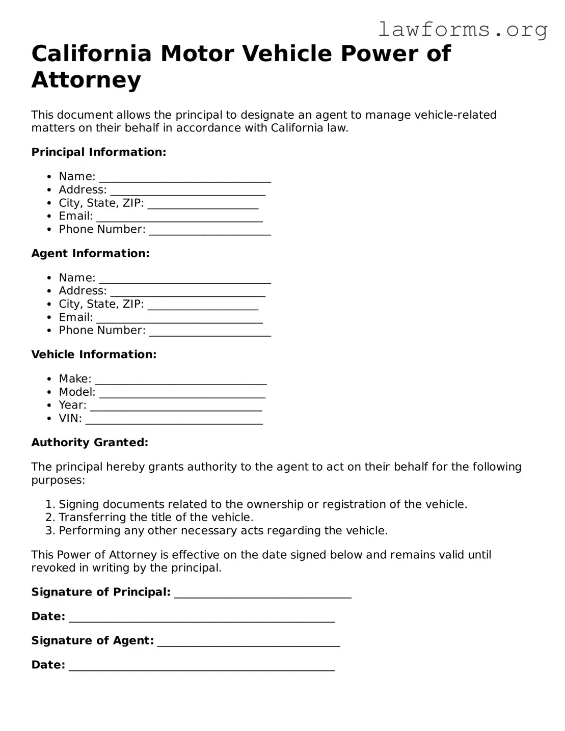 Attorney-Approved Motor Vehicle Power of Attorney Template for the State of California