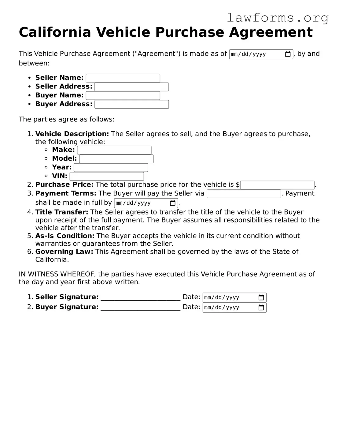 Attorney-Approved Vehicle Purchase Agreement Template for the State of California