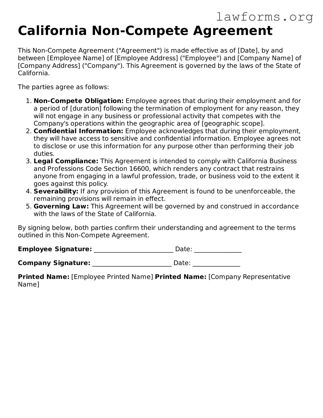 Attorney-Approved Non-compete Agreement Template for the State of California