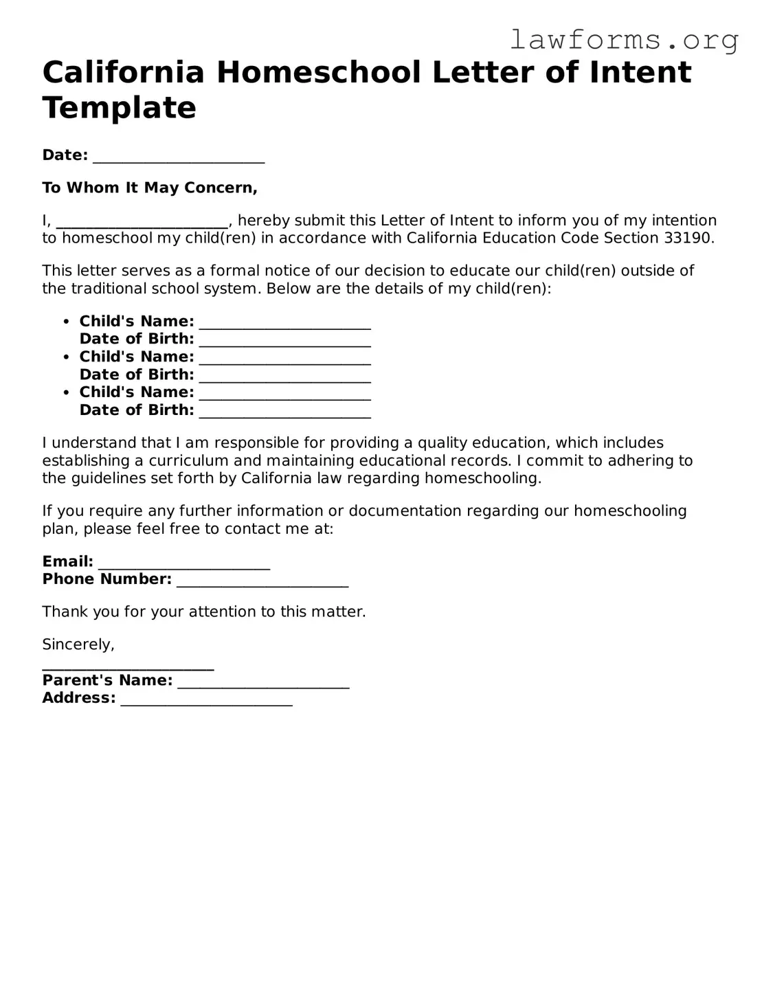 Attorney-Approved Homeschool Letter of Intent Template for the State of California
