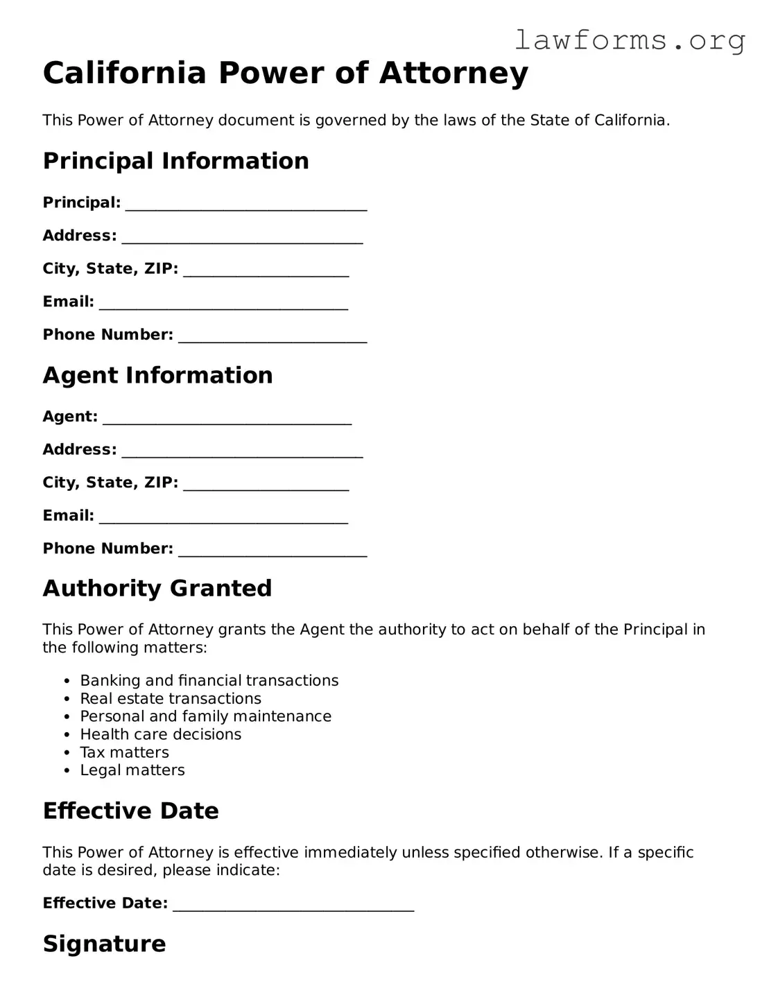 Attorney-Approved Power of Attorney Template for the State of California
