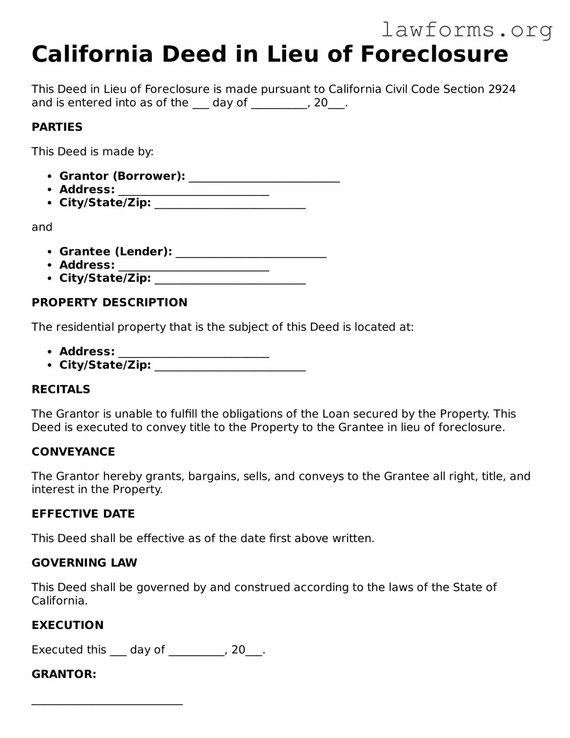 Attorney-Approved Deed in Lieu of Foreclosure Template for the State of California