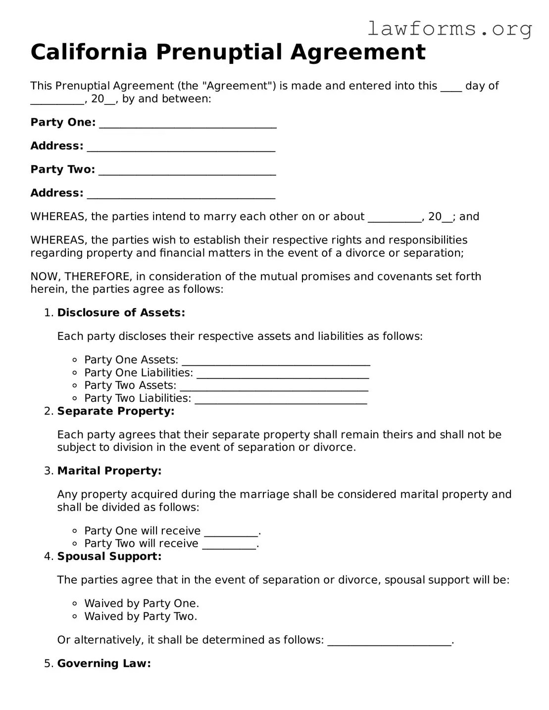 Attorney-Approved Prenuptial Agreement Template for the State of California