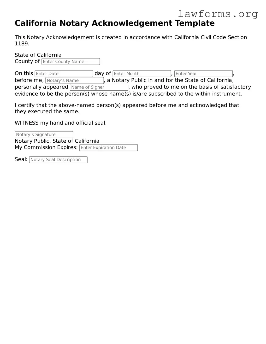 Attorney-Approved Notary Acknowledgement Template for the State of California