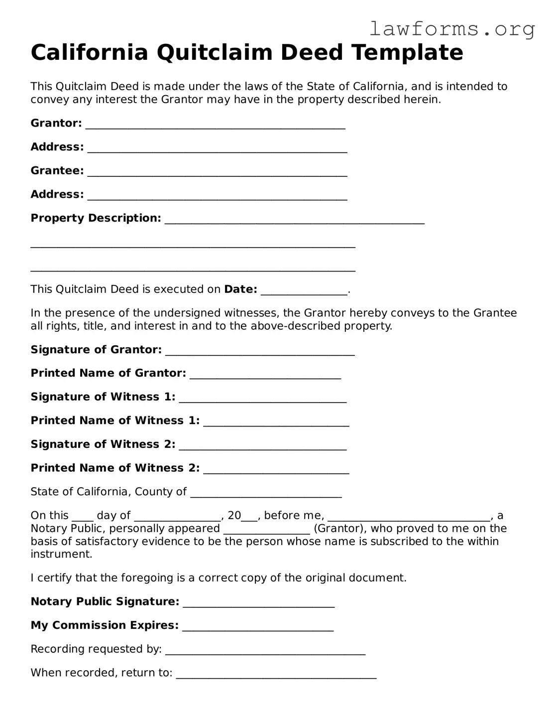 Attorney-Approved Quitclaim Deed Template for the State of California